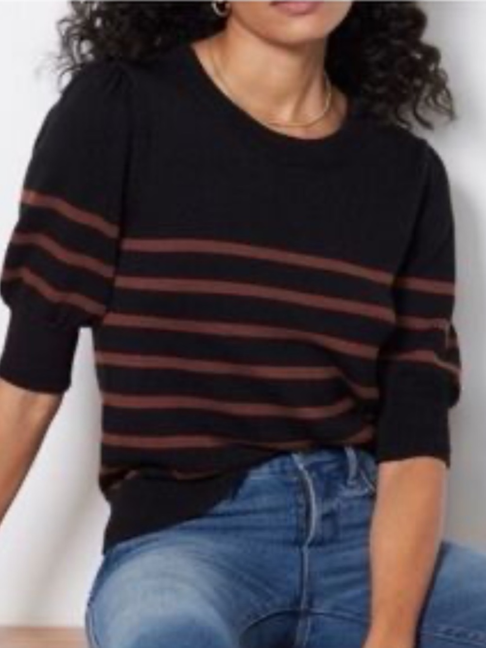 Evereve Tessa Striped Black Brown Knit Jumper 3/4 Puff Sleeve Sweater Size S